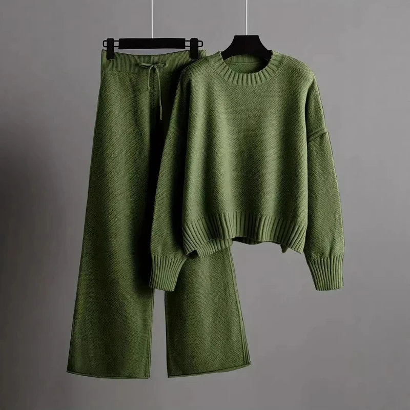 Damen Strick Zweiteiler Hosen-Sets Einfarbige Pullover Langarm Lässige Gerade Hosen mit Kordelzug Reguläre Elegante Anzüge Herbst Winter