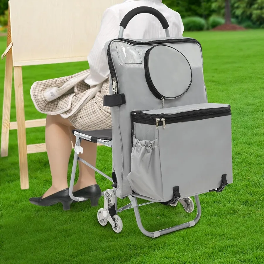 Folding Big Wheeled Portable Rolling Chair with Storage Mobile Foldable Shopping Cart featuring Seat Ideal for Leisure Travel O