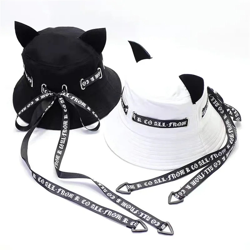 Cute Cat Ears Bucket Hat for Women Men Designer Ribbon Hip Hop Fisherman Cap with Strings Sun Protection Bob Panama Hats