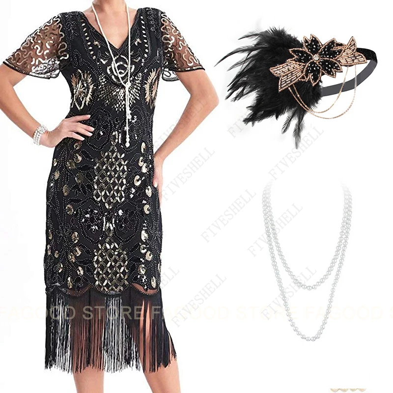 Damen Vintage Spitze Art Deco Fransen Gatsby 1920s Kostüm kleid mit 20s Accessoires Set plus Größe