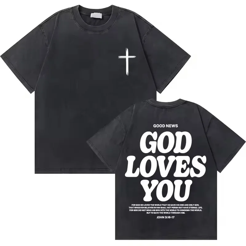 Washed Vintage Christian Jesus Good News God Loves You Bible Verse Graphic T-shirts Fashion Harajuku Kawaii T-shirt Y2K Clothing