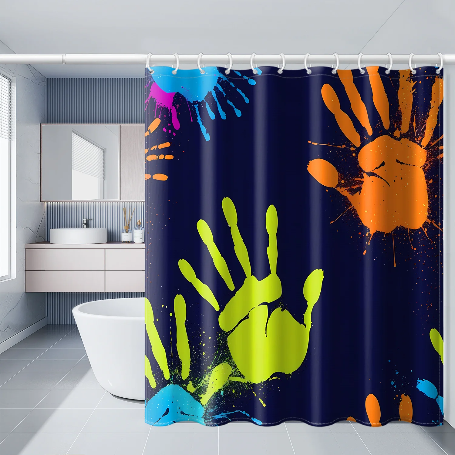 

1 шт. красочная занавеска для душа с отпечатками рук и крючками — яркий дизайн с принтом ладони, полиэфирная ткань 72x72 дюйма,