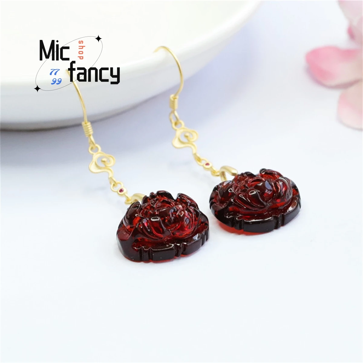 Natural S925 Silver Inlaid Blood Pool Water Purification Amber Peony Gold Auspicious Cloud Ear Hook Earrings Ethnic Style Women