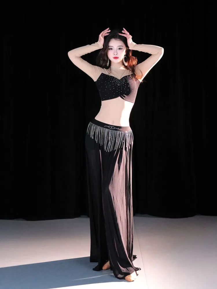 春の新作オリエンタルダンスベリーダンスセクシーメッシュフリンジパフォーマンスコスチュームセットオリジナルデザイン