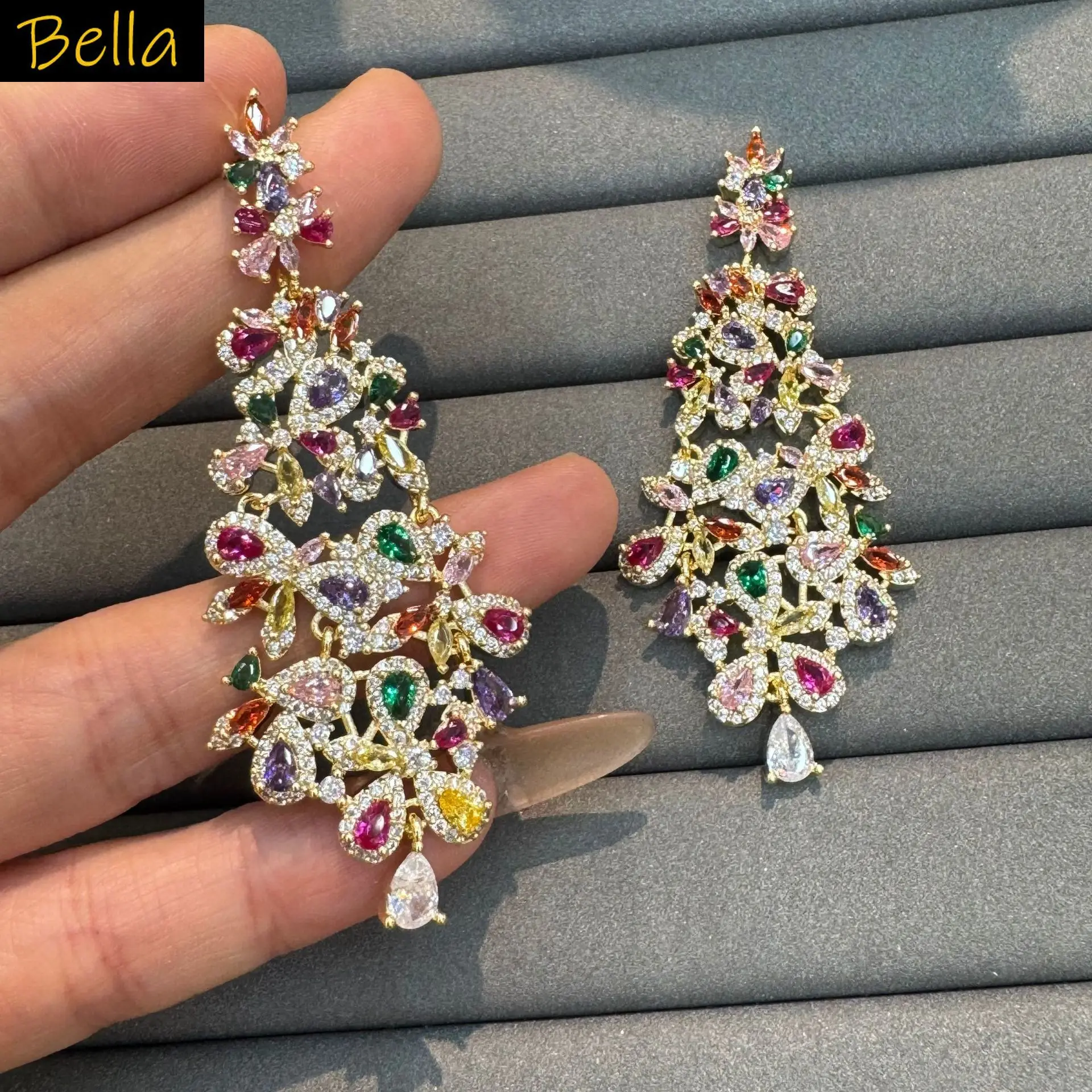 yellow fushia multicolor zirconia earrings women dinner party sparkly luxury jewelry plant flower leaf pendant earrings large