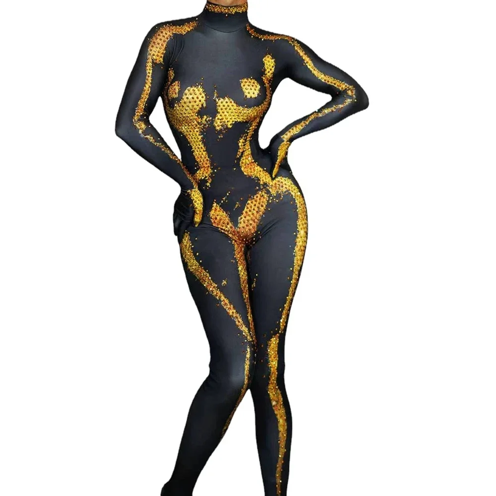 Combinaison Extensible avec Strass pour Femme, Tenue de Soirée Sexy à Manches sulf, Costume de Chanteur et de Danseuse, Vêtement de Scène