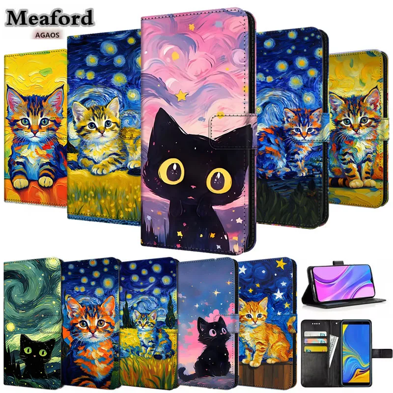 Magnetic Wallet For Samsung A17 A07 A57 A37 Leather Art Cute Kitty Phone Case Luxury Flip Book Cover Galaxy A 07 57 37 17 Bumper