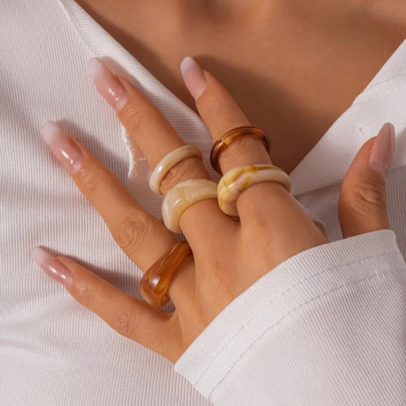 5/6Pcs Colorful Acrylic Resin Ring Set Geometric Round Stacked Ring Simplicity Individuality Bohemian Finger Rings Jewelry Gifts