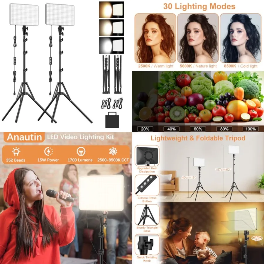 

LED Video Lighting Kit, 15W/1700Lux Photography Lighting with Tripod Stand, 2500-8500K Dimmable Streaming Light for Video Recor