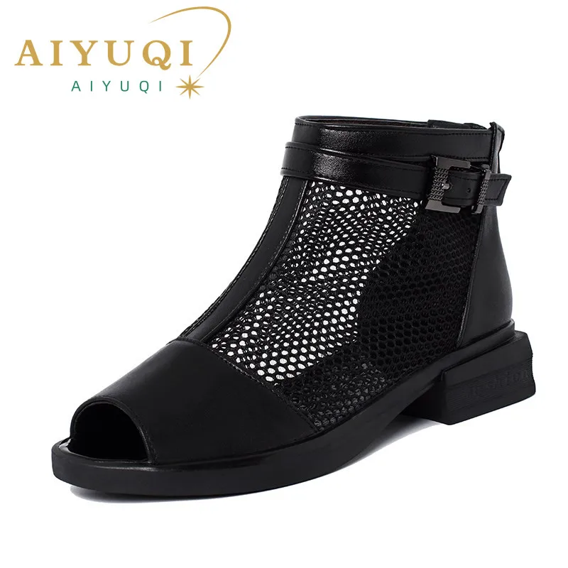 AIYUQI Sandals Women Hollow Summer Genuine Leather Mesh Women Sandals Open Toe Large Size 35-43 Low-heel Sandals Ladies Black