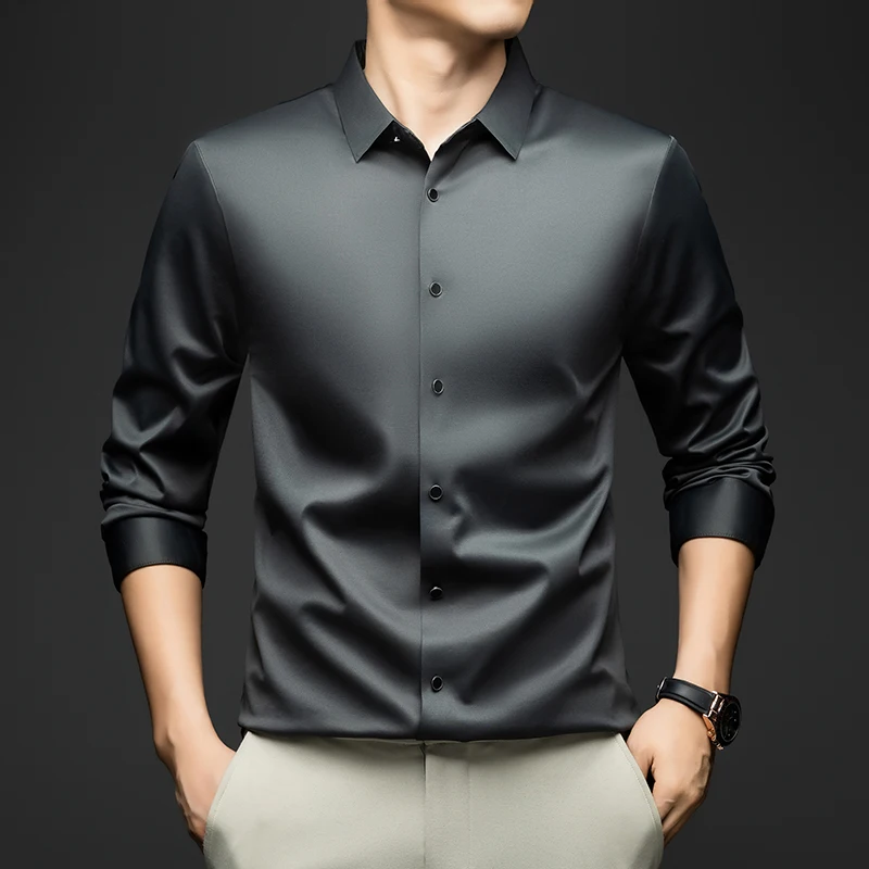 BROWON 2026 Spring Autumn Shirt Man Long Sleeve Suqare Collar Mulberry Silk Formal Work Elegant Wedding Seamless Shirt