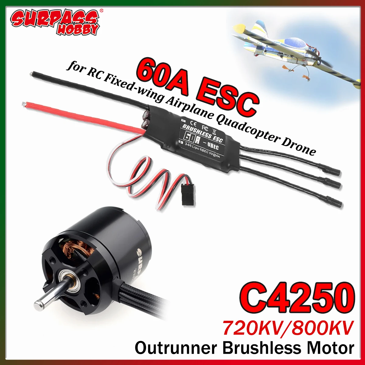 Surpass Hobby 4250 720KV 800KV Outrunner Brushless Motor 60A ESC Program Card for RC Fixed-wing Airplane Quadcopter Glider Parts