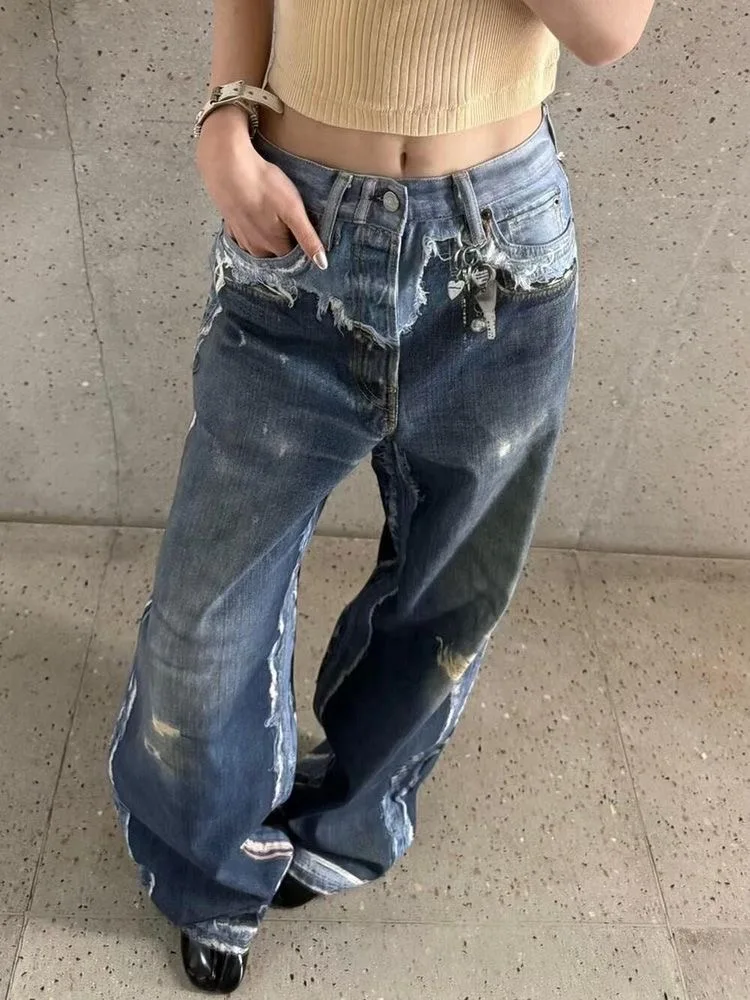 

Women Retro Washed Baggy Denim Jeans American Street Raw Fringe Splicing Design High Waist Loose Wide Leg Casual Daily Pants