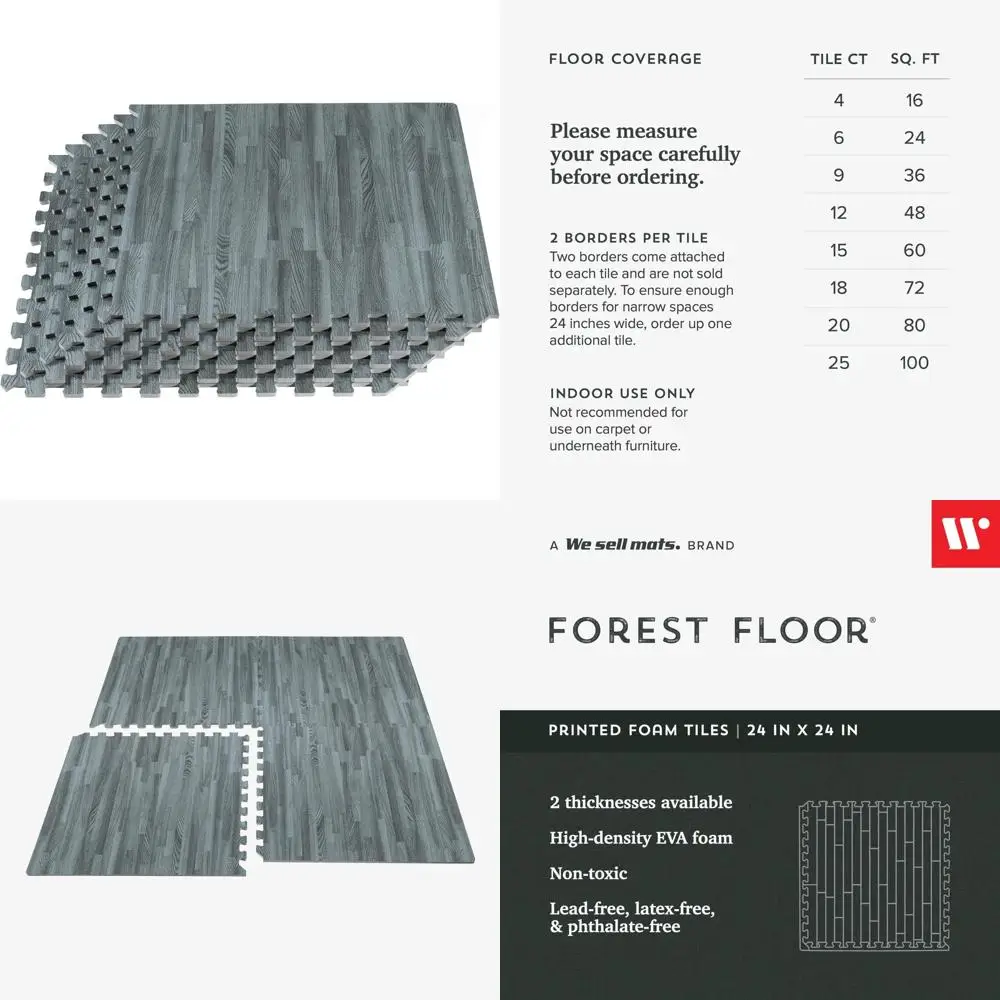 forest floor 3/8 inch thick printed foam tiles, premium wood grain interlocking foam floor mats, anti-fatigue flooring – stylish