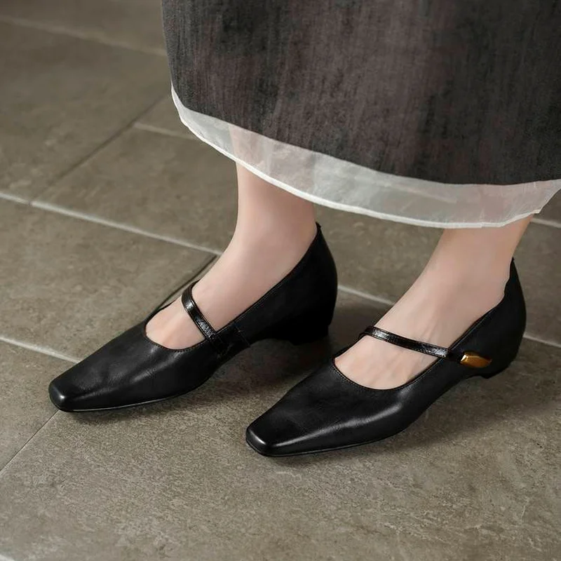 Black Red Camel Round Toe Mary Jane Hidden 4cm Mid Heel Full Grain Leather Non-slip Bean Sole Daily Handmade Women Flats F149 view 6