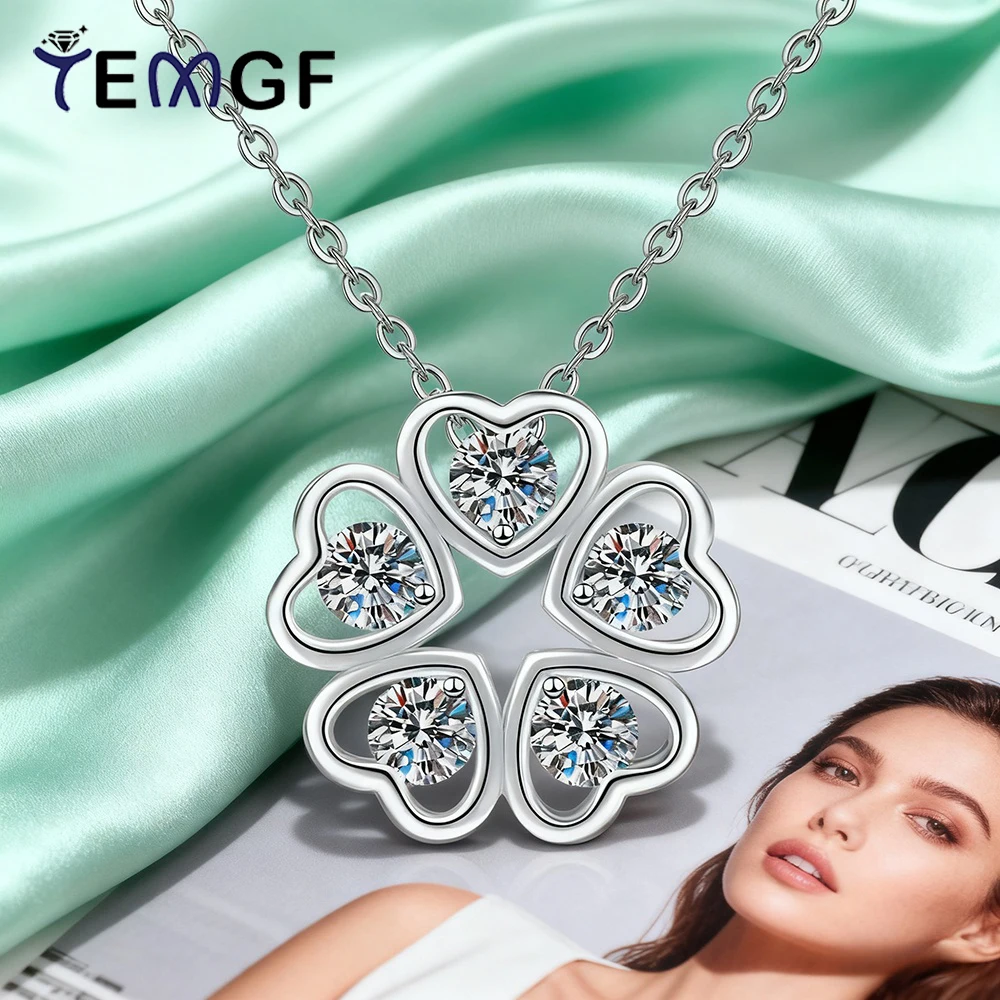 

TEMGF Full 3mm Moissanite Pendant Necklace 925 Silver Chain for Charm Women Lucky Love-shaped Flower Design Fine Jewelry WithGRA