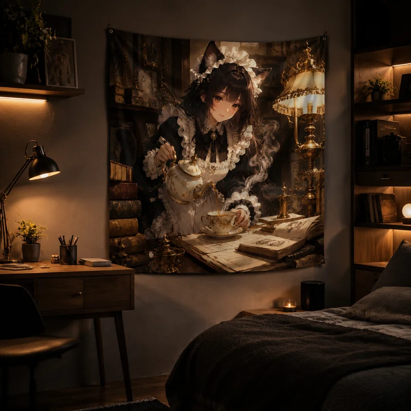 VIKAMA Graffiti Star Cat-Ear Maid Anime Tapestry, Neon-Style Spray-Painted Wall Hanging, Home Decor Tapestry