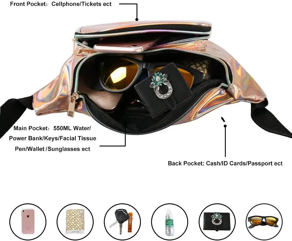 Holographic Fanny Pack for Women Men, Water Resistant Crossbody Waist Bag Pack with Multi-Pockets Adjustable Belts