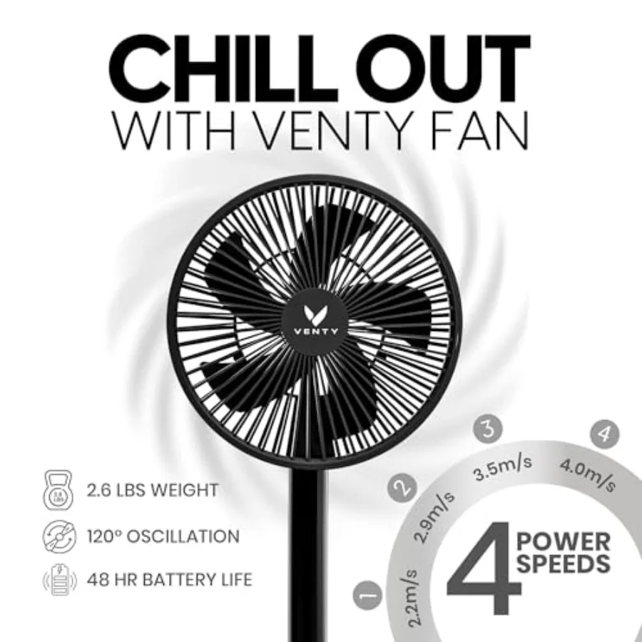 Portable Fan for Cruise Travel Outdoor RV Use Wireless Battery Operated, 4 Speeds, LED Lighting, Black with Carry Case Remote C