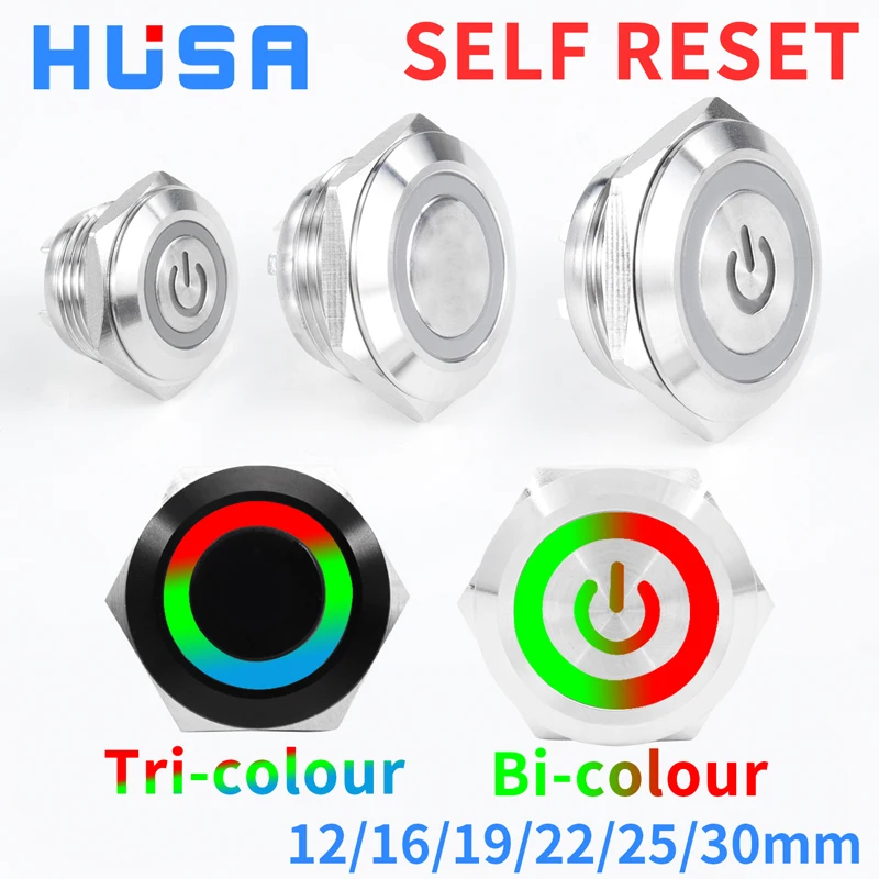 12/16/19/22/25mm Bi/tri-kolorowy RGB krótki skok Mini wodoodporny metalowy przełącznik wciskany dioda LED zasilania chwilowe 5/12/24V 1NO