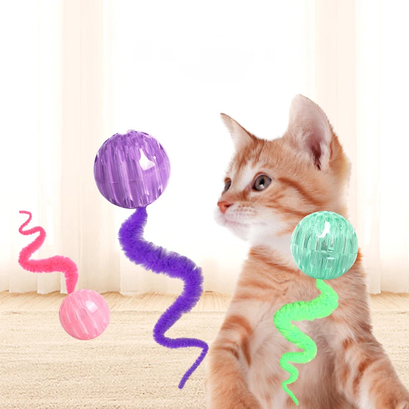 

3pcs Bouncing Caterpillar Cat Toy Wands Bite-Resistant Rubber Safe Indoor Interactive Cat Toy Ball with Tail Kitten Accessories