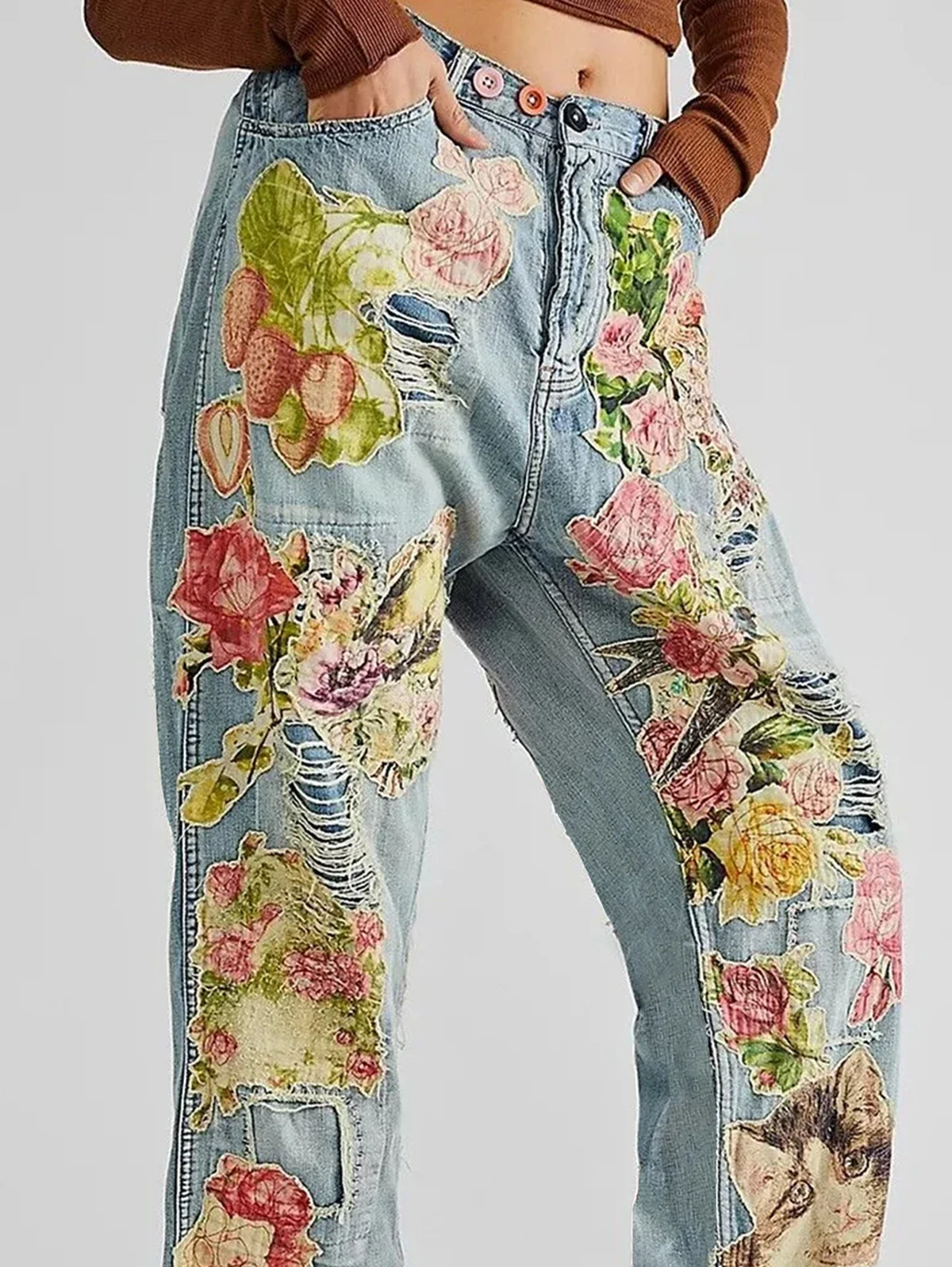 Floral Print High Waist Straight Jeans Women Vintage Streetwear Denim Pants Fashion Women\'s Wide Leg Baggy Y2K Denim Trouser