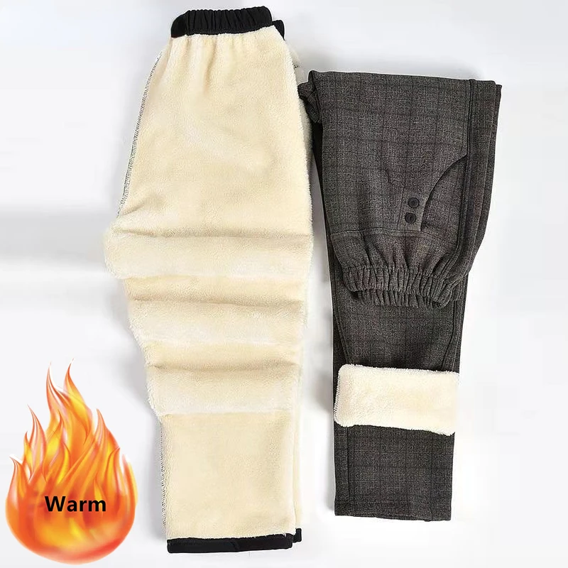 

Women Thicken Lambwool Straight Pant Winter Fleece Lined Plaid Baggy Trouser Oversized 5xl Warm Casual Black Striped Pantalons