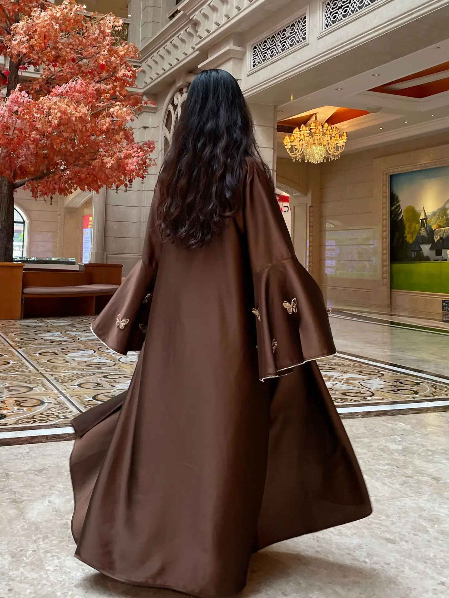 Femmes musulmanes Abaya robe 2 pièces ensemble papillon Satin à lacets marocain Caftan robe intérieure Musulman Ensembles Cadigan tenue costumes