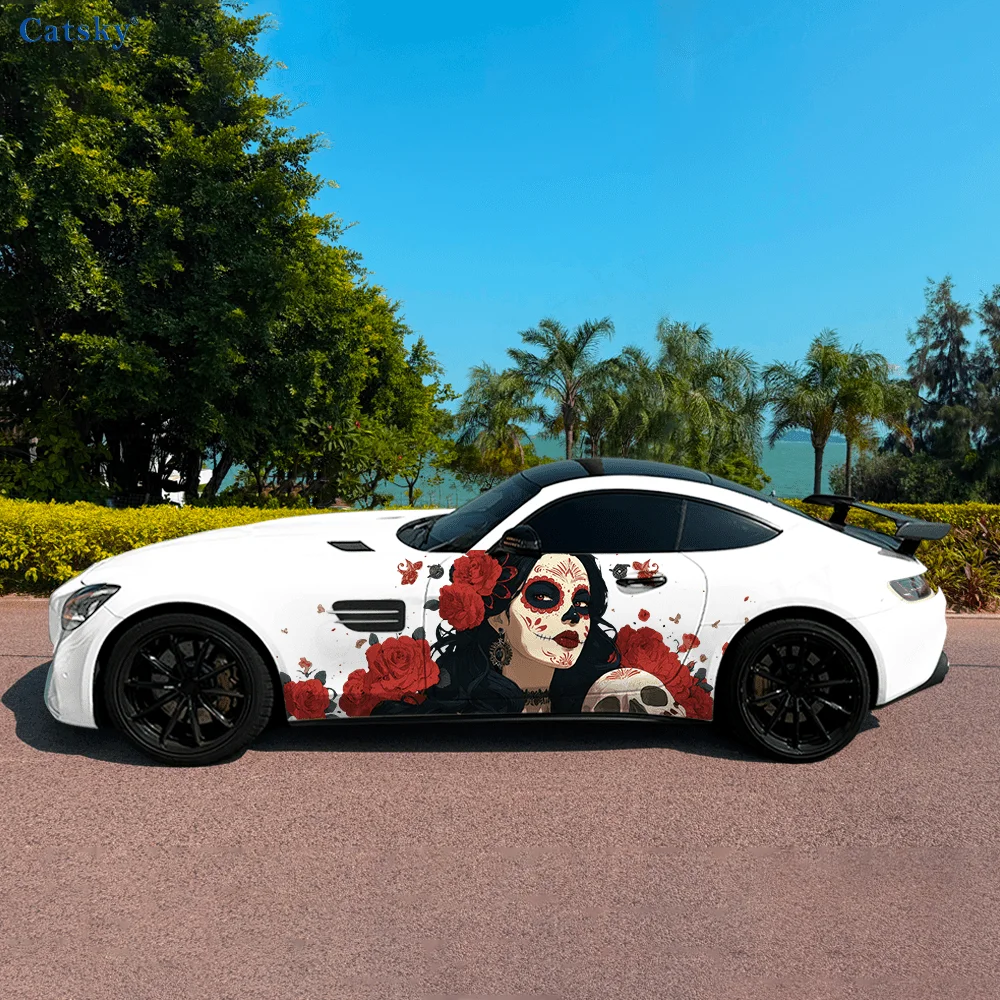 

Skeleton Woman Roses Car Vinyl Wraps Decal Self-adhesive PVC Sticker Suitable for Trucks SUV Decoration Auto Accessories Gift