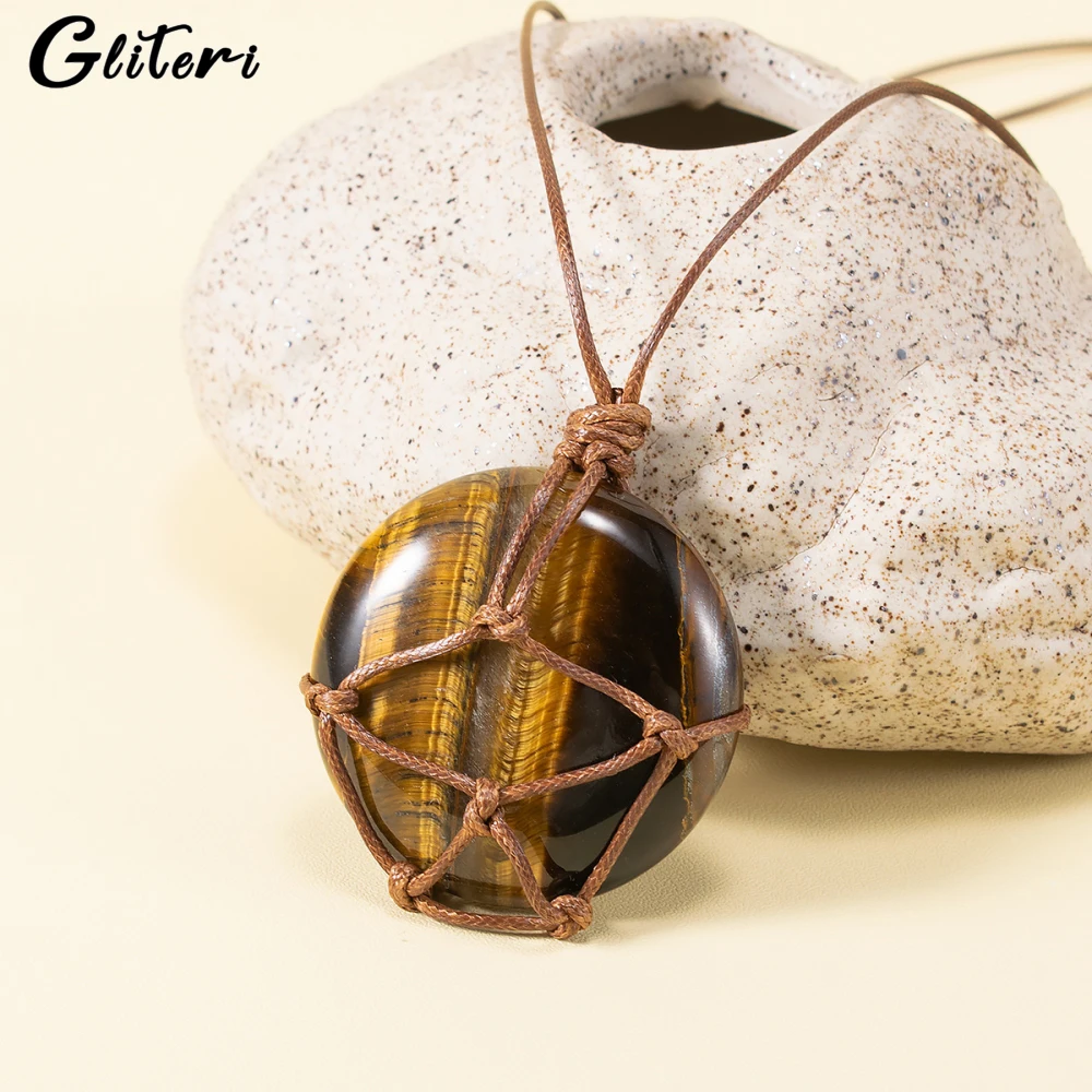 

GEITERI Natural Stones Tiger Eye Stone Necklaces For Women Men Round Hand Woven Pendant Choker Sweater Chain Jewelry Wholesale