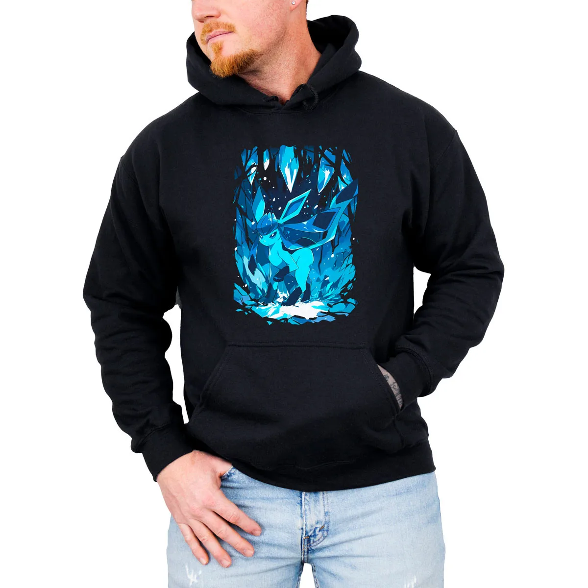 Unisex Pokemon Anime Glaceon Cotton Fleece Hoodie Black Color Blue Creature in Icy Crystal Cave Background Design Loose Fit