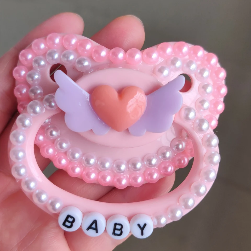 100% Handmake Cute Pink Love Winged Angel Pattern Adult Baby Pacifier Silicone Adult size Pacifier abdl Daddy Girl