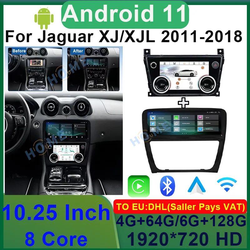 10.25 Inch Android 11 6+128G Car Radio Multimedia GPS Navigation Head Unit Stereo Receiver Screen Display For Jaguar XJ XJL11-18