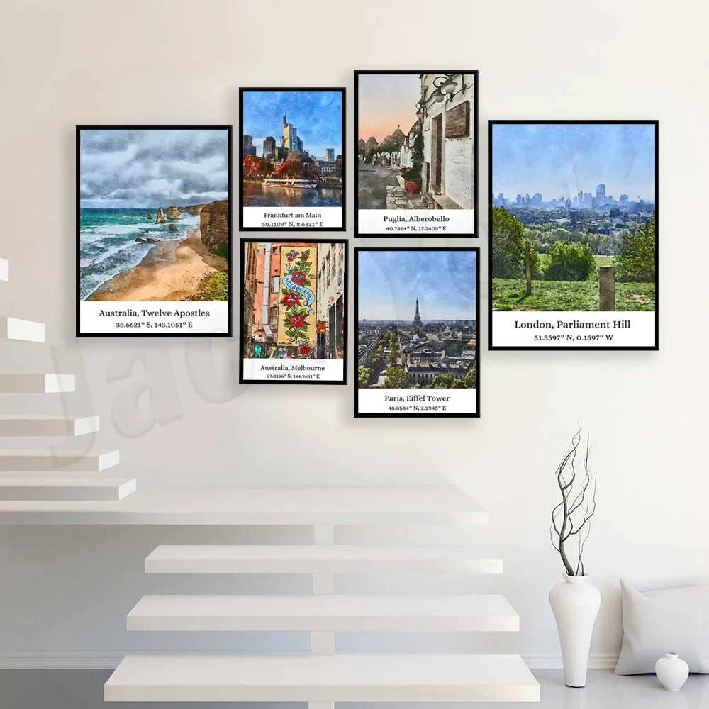 Sydney, Melbourne, Rome, Australia Twelve Apostles, Puglia Alberobello, London, Frankfurt, Colosseum watercolor travel poster