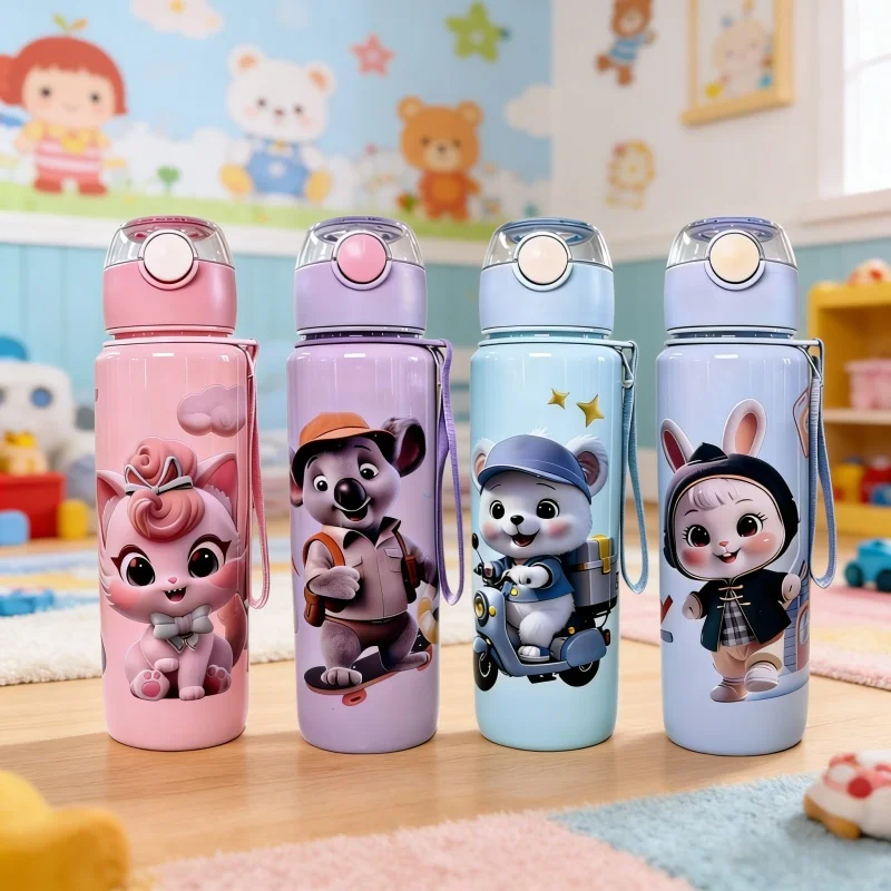 

700ml BPA-Free High Temperature Resistant Portable Outdoor Water Bottle Cartoon Animal Plastic Straw Water Cup with Hand-held