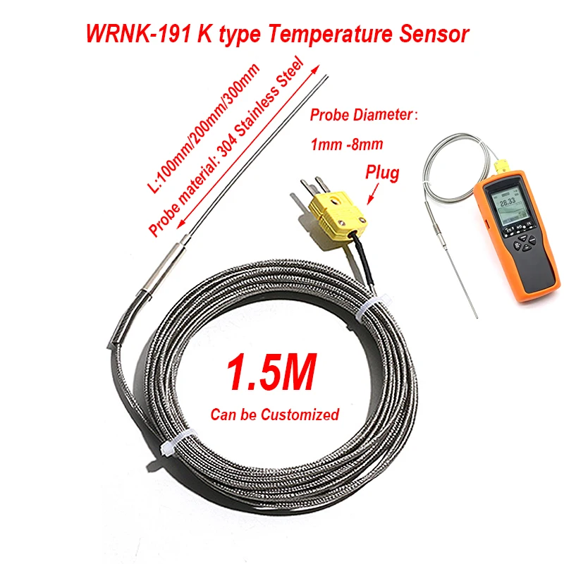 1PC K Type Armored Thermocouple 1.5M Length of Line Probe Length 100mm-300mm Thermoelectric Pair Sheath+Spring Sealant 1100℃