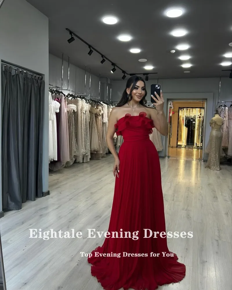 Eightale アラビア語イブニングドレス ストラップレス カスタマイズプリーツ Aライン レッドシフォン セレブリティ プロム ウェディングパーティードレス