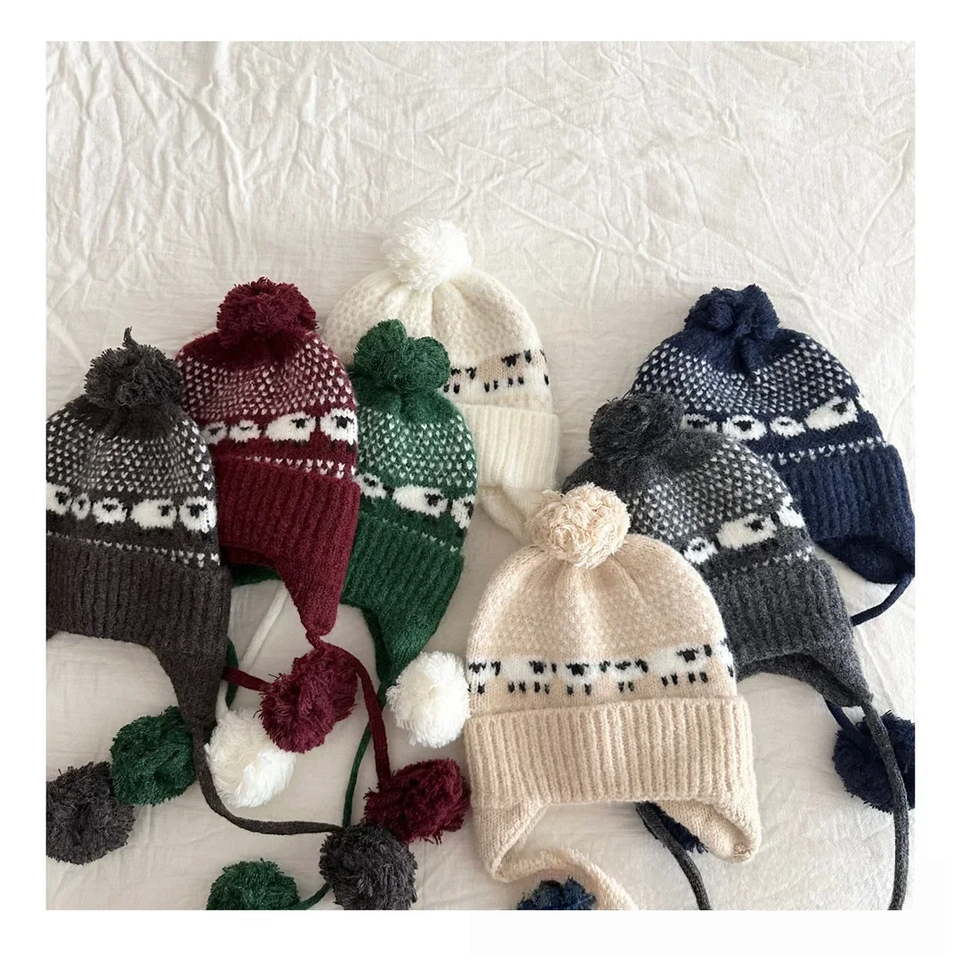 

Winter Baby Boys Girls Knit Hat Children Beanie with Earflaps and Pom Poms Warm Kid Knitted Headwear