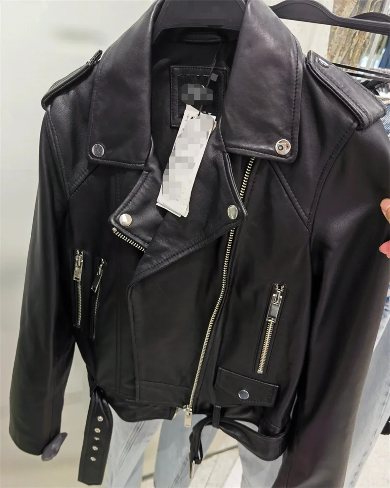 Damenjacke 2025, Herbst, neuer Stil, einfarbig, lange Ärmel, Reißverschluss, dekoratives Leder, Motorrad-Stil, modisch und persönlich