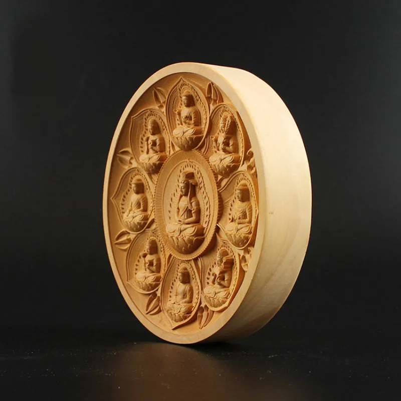 Boxwood Carved Mandala Dharmachakra Statue Vairocana Buddha Figure Tibetan Style Wood Carving Home Altar Decor Collectible