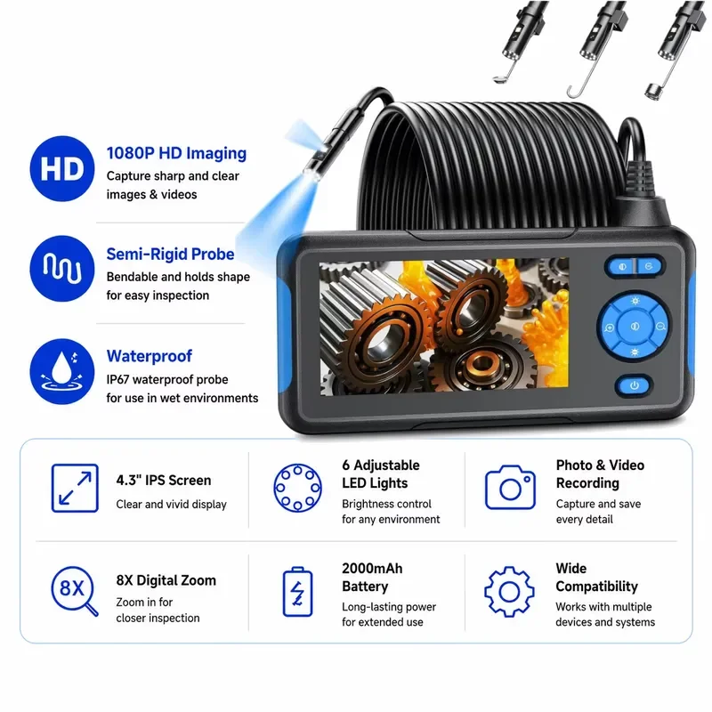 New N43 Portable Industrial USB 8 LED Tube Sewer Serpentine Pipe Repair Inspection