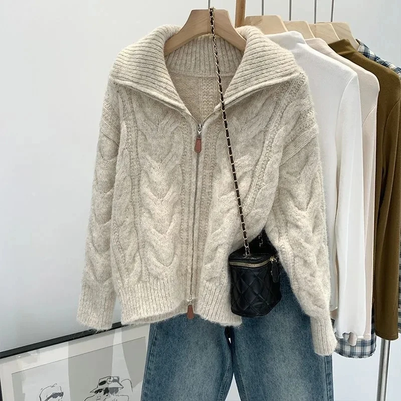 

Autumn Winter New Temperament Cardigan Sweater Jacket Women Loose Twist Knitted Sweater Coat Female Casual Outerwear Ladies Tops