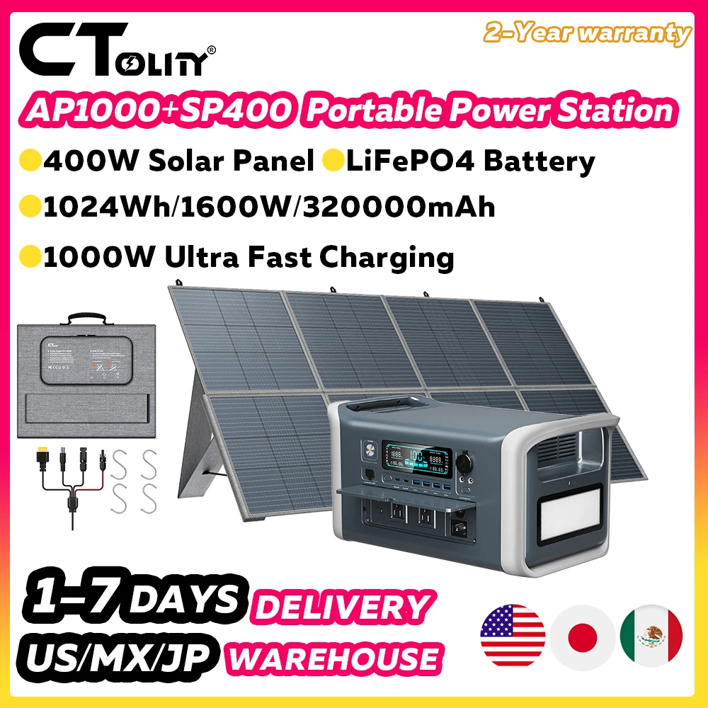 

CTOLITY 1600W Portable UPS Power Station Combo with 400W EVA Foldable Solar Panel Solar Generator Set for Camping, RV, Home Backup & Off-grid Living