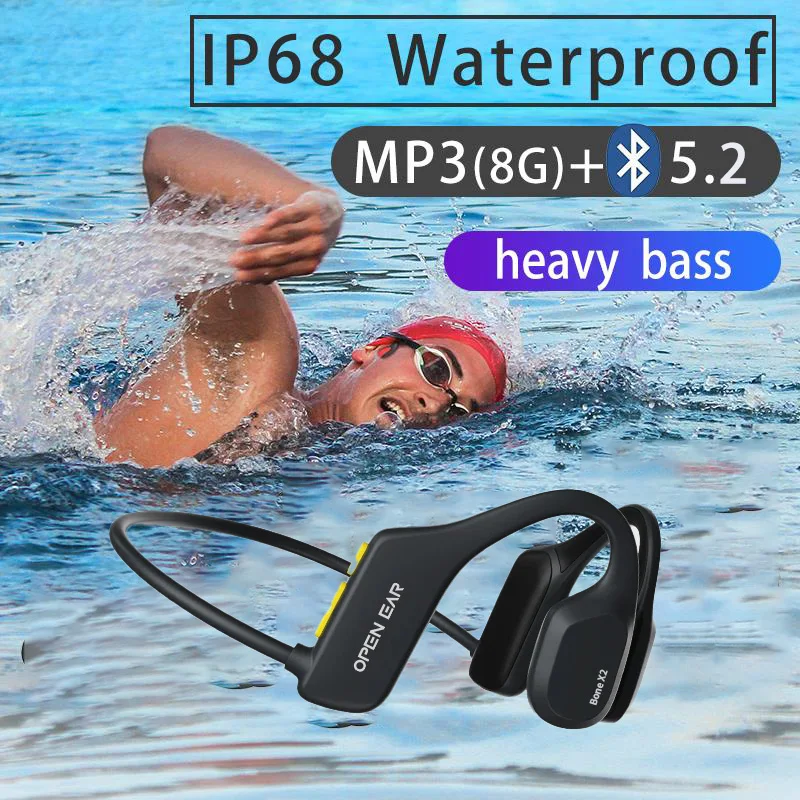 Bone Conduction Headset 8GB Storage Swimming Headset IP68 Waterproof Open Ear Wireless BT 5.2 Sport Ear Hook Earphones