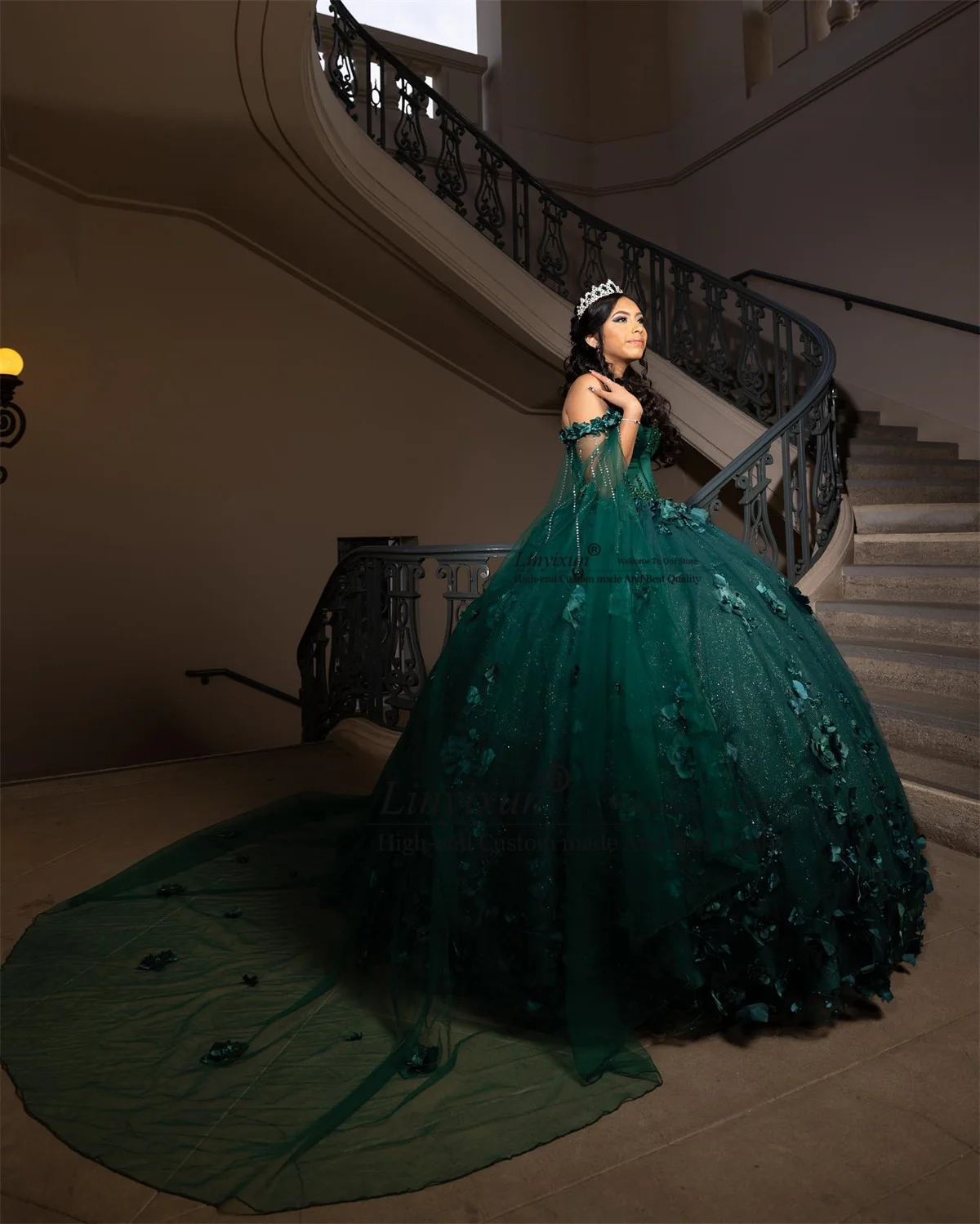 Green 3D Floars Ball Gown Quinceanera Dress Off Shoulder Appliques Lace Vestidos XV De 15 Años With Long Cape Sweet 16 Dress