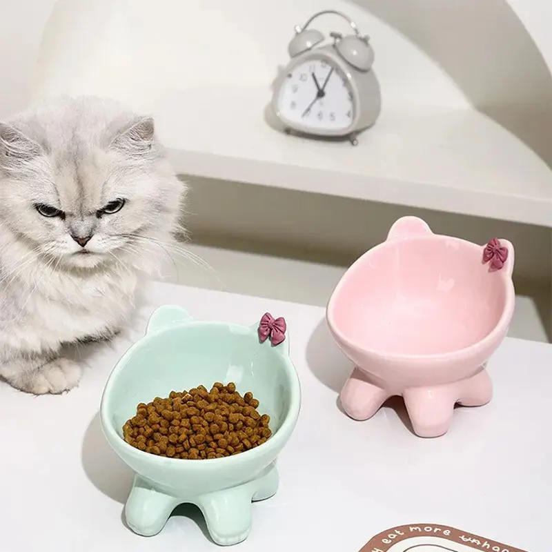 

Ceramic Cat Bowl Super Cute Elevated Tilted Dog Bowl Anti-Flip Anti Vomiting Slow Feeding Bowl Neck Protection Pet Feeder