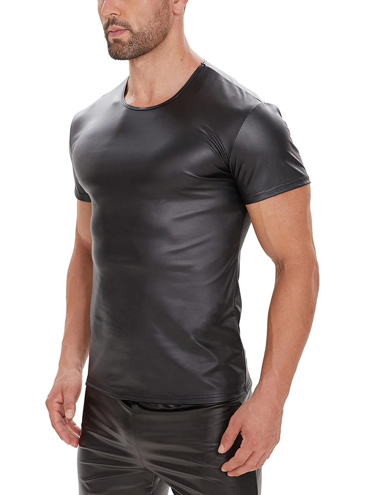 ماتي لامعة الأسود تانك القمم الرجال ضيق بولي Leather تي شيرتات جلدية مثير كلوبوير القمم رجل الملابس مطاطا المشكل فاسق الموضة