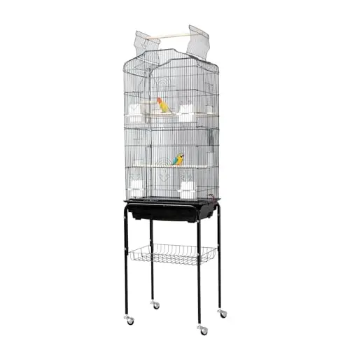 64 in Bird Cage, Parrot Cage, Parakeet Cage - Large Hanging Birdcage with Solid Iron Wrought Construction, Rolling