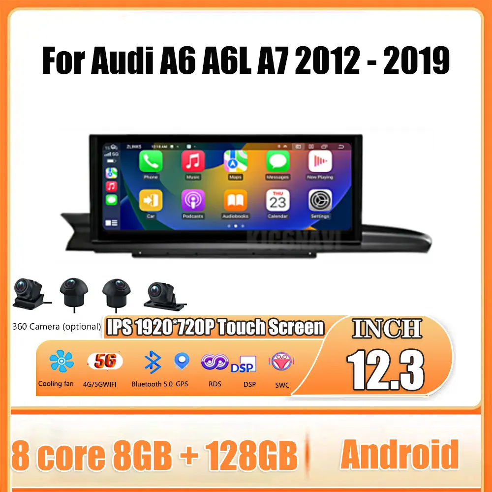 Autoradio Android 14 avec Écran Tactile de 12.3 Pouces, Accessoires de Voiture, Carplay, Limitation du Moniteur, Lecteur Radio, pour Audi horizon A6L A7 2012 - 2019