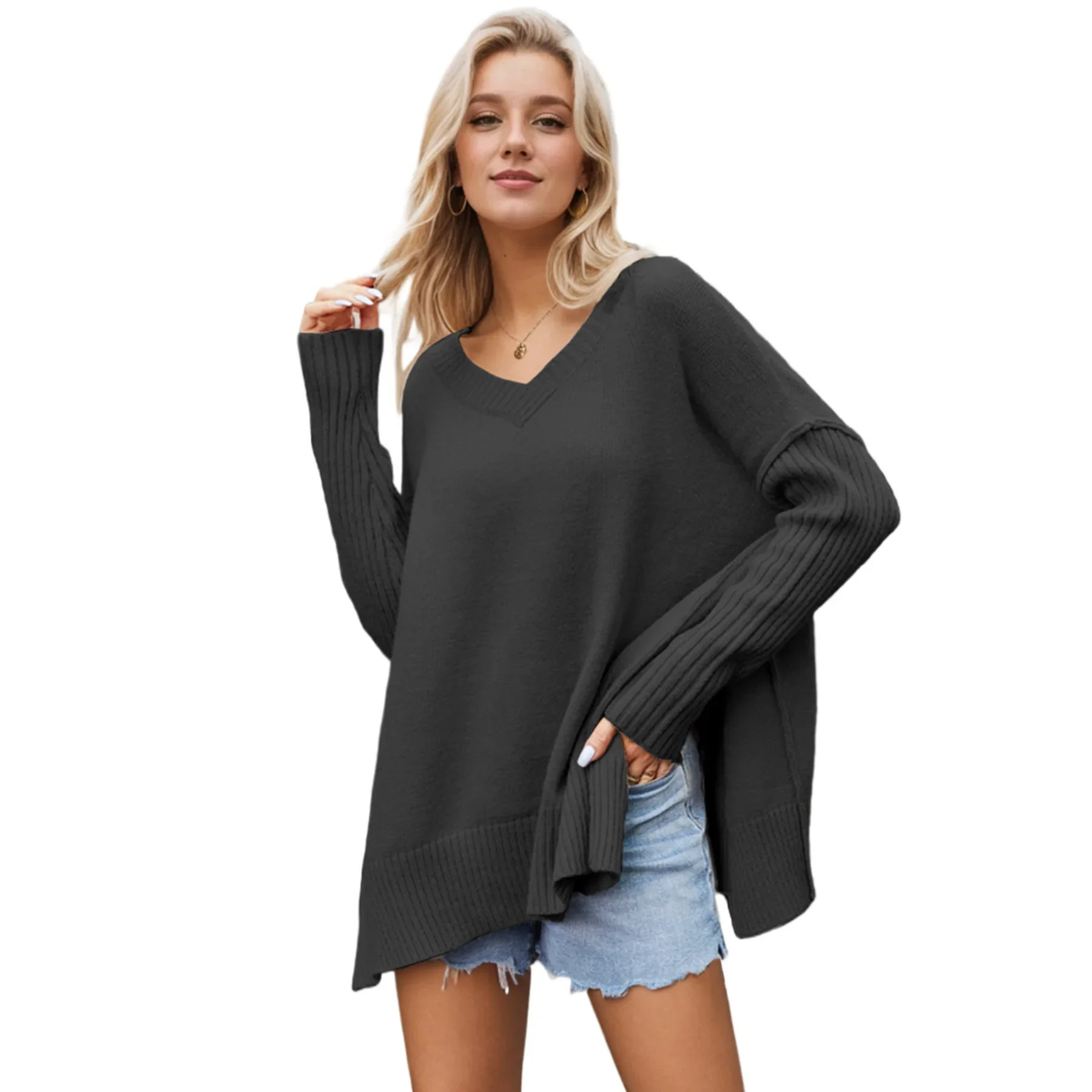 Europe and America Solid Color V-neck Slit Pullover Sweater, Women's Autumn and Winter Fashion Loose Long-sleeved Knit Sweater